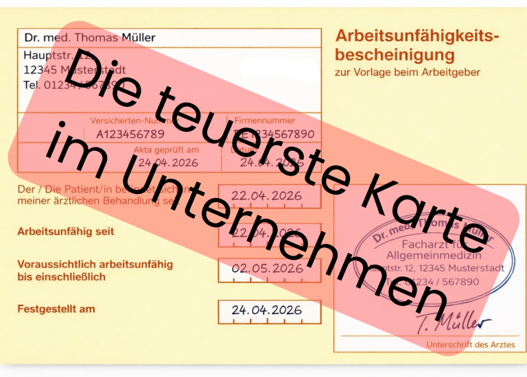 Arbeitsunfähigkeitsbescheinigung mit rotem Text und einem Stift daneben.