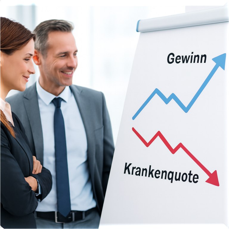 KQ Diagramm Präsentation mit Diagramm: Gewinn steigt, Krankenquote sinkt.