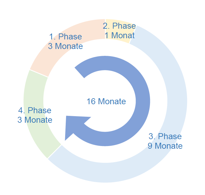 Kreisdiagramm mit Phasen und Zeitangaben in Monaten.