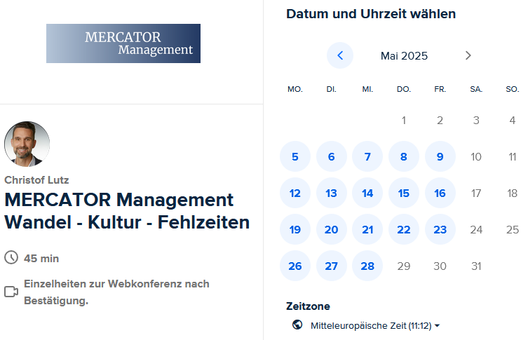 Logo von Mercator Management mit Kalender zur Datumsauswahl für Veranstaltungen.